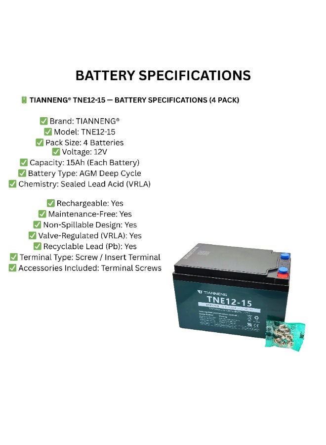 TIANNENG TNE12-15 Rechargeable Lead Acid Battery 12V 15Ah AGM Deep Cycle (4 Pack) for UPS, Solar & Backup Power - Image 5